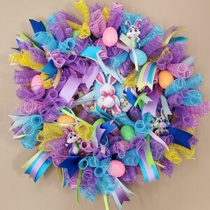 Easter Bunny Decorative Ribbon & Deco Mesh Wreath On A 14 Inch Wired Ring